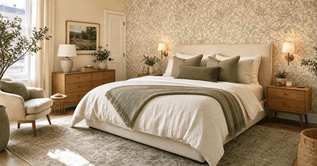 Rental bedroom with bed on risers revealing under-bed storage and freestanding pegboard organizer on adjacent wall