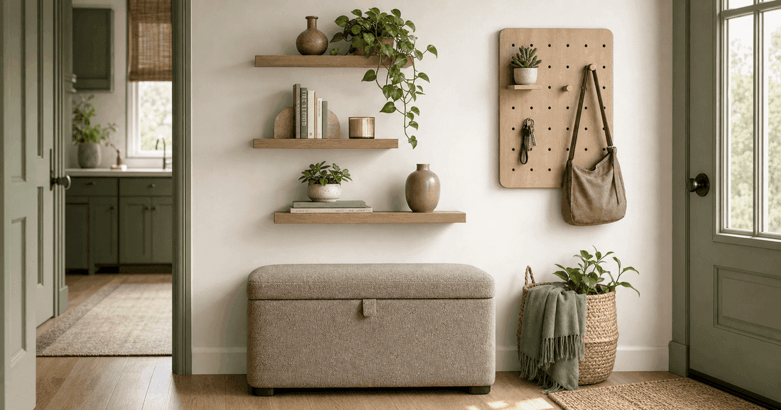 Three adhesive floating shelves mounted on rental apartment wall holding plants and books with no visible brackets or damage